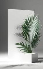 white stand on a white empty background with palm leaves