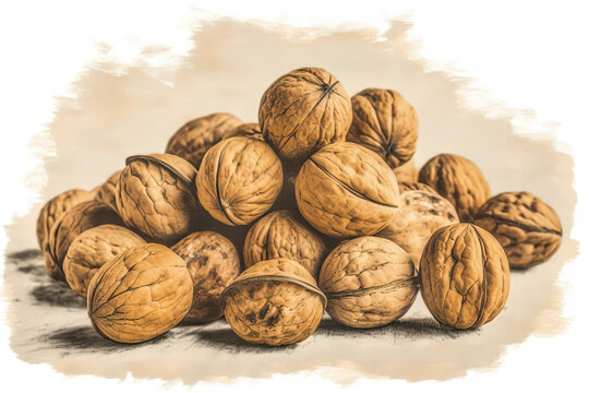 Pile of walnuts on a white background. Vintage printing style. Generative AI