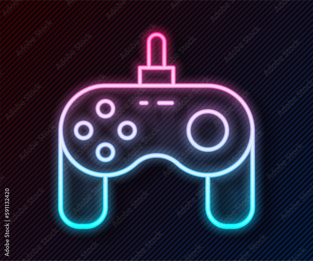 Poster glowing neon line gamepad icon isolated on black background. game controller. vector