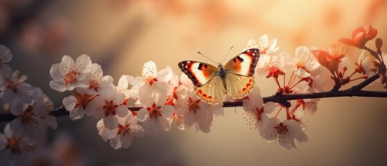 Beautiful pink butterfly and cherry blossom branch in spring, summer, soft lighting, Generative AI