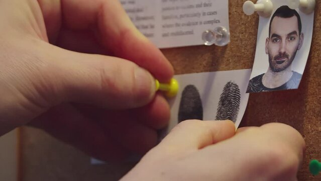 Detective's hands attach the fingerprint document to the suspect's photo on the identification board.