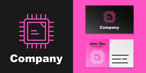 Pink line Computer processor with microcircuits CPU icon isolated on black background. Chip or cpu with circuit board. Micro processor. Logo design template element. Vector