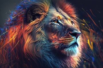 Generative AI, Generativ, KI, Bunter Löwe, Illustration, Abstrakter Löwe, Farbenfroher Löwe aus Abstrakten Formen, Dunkler Hintergrund, Löwen Gesicht von der Seite, 