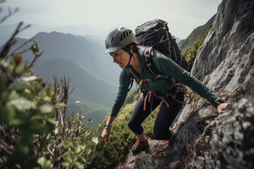 Woman climbing up a rocky mountain. Generative AI