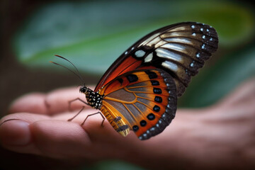 Fototapeta na wymiar Beautiful butterfly sitting in hand. Generative AI