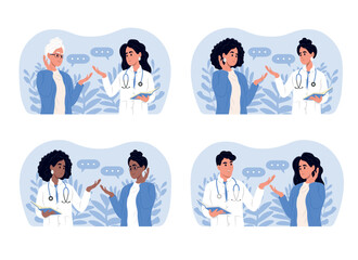 Doctors and patients of different races and ages. Male and female doctors talking to patients during consultation.