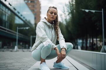 Cool woman in sports sweatshirt and leggings in streetwear pose. Generative AI