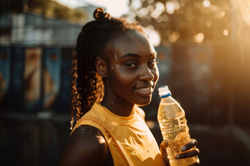 Beautiful sporty african girl athlete model in a sportswear drinking water from sports water bottle. Generative AI