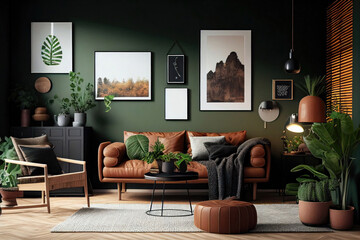 Modern stylish interior of living room with brown leather sofa, green walls, and potted plants. Generative AI - 591133207