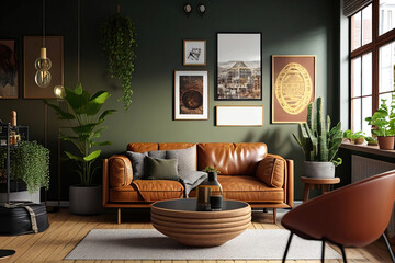 Modern stylish interior of living room with brown leather sofa, green walls, and potted plants. Generative AI