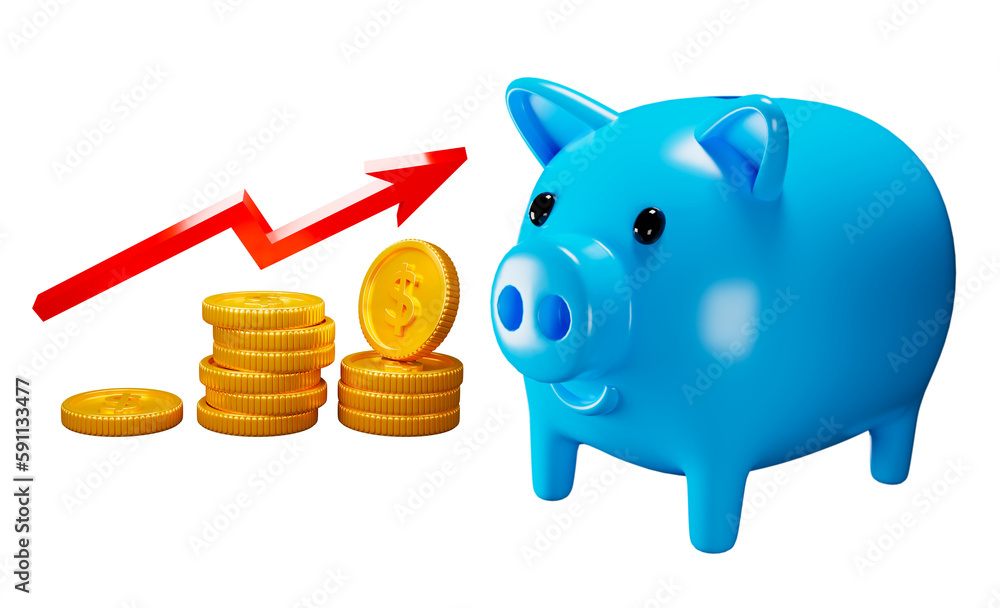 Poster 3d rendering blue piggy bank with red arrow and stack coins transparency