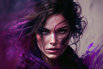 Obraz na płótnie Canvas Beautiful woman portrait in purple watercolor painting. Generative AI.