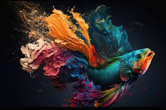 Colorful fish drawing with bright exploding paints. Generative AI