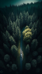 Fototapeta na wymiar the winding beauty of the road through the majestic forest seen from above. AI generated