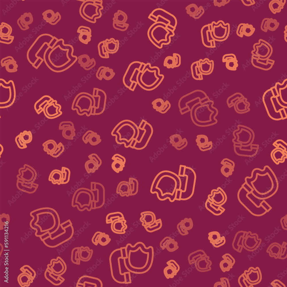 Poster brown line telephone handset with security shield icon isolated seamless pattern on red background. 