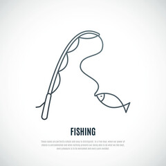 Vector Fishing illustration. Outline Fishing rod and fish icons isolated on white background.