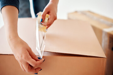 Closeup of woman packing cardboard box
