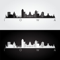 Obraz premium Iowa state skyline and landmarks silhouette, black and white design. Vector illustration.