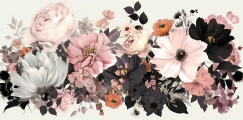 A floral clipart with various flowers on it in the style of light pink and dark black. Generative AI.
