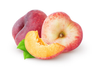 Isolated flat peaches. Two heart shaped flat peach fruit and a slice with leaves isolated on white background