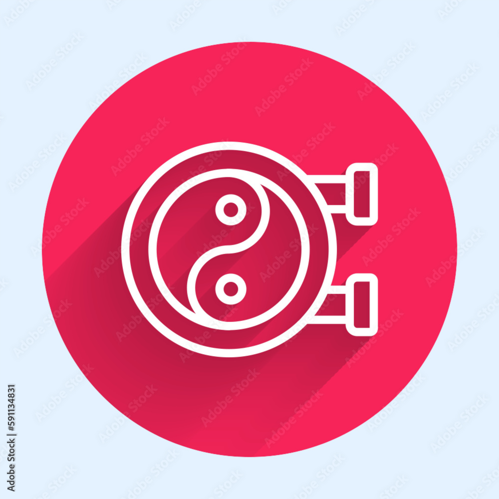 Poster white line yin yang symbol of harmony and balance icon isolated with long shadow background. red cir