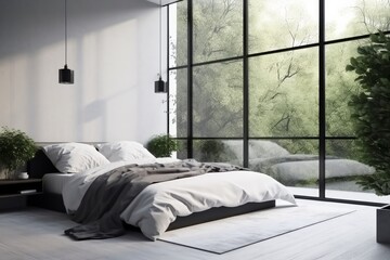 A modern white bedroom with greenery near the window, in the style of photo-realistic landscapes. Generative AI.