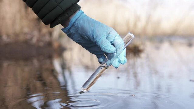 A scientist tests the water for infections and harmful emissions. Ecology of the world water basin.