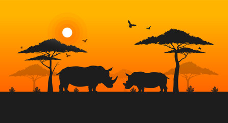 Fototapeta na wymiar World rhino day, Wild animals and Nature silhouette, Grassland safari, Environmental conservation, National park, Sustainable of Ecology concept, Think green nature, Save the planet and the wildlife.