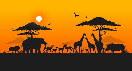 World wildlife day, Wild animals and Nature silhouette, Grassland safari, Environmental conservation, National park, Sustainable of Ecology concept, Think green nature, Save the planet, Eco friendly.
