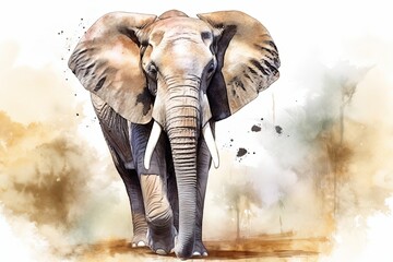Fototapeta na wymiar African elephant in watercolor painting, digital illustration of an African animal. Generative AI