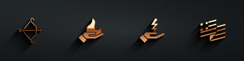 Set Medieval bow with arrow, Hand holding fire, Zeus and Greece national flag icon with long shadow. Vector