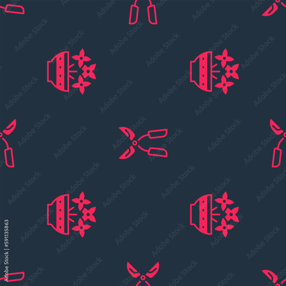Poster set flower in vase and gardening handmade scissors on seamless pattern. vector