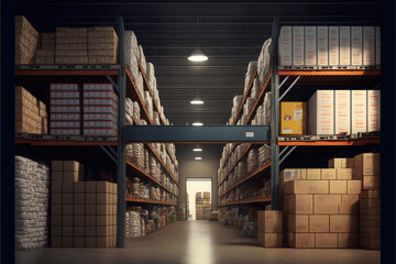 Large warehouse inside, boxes are on the shelves. Generative AI illustration.
