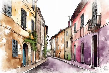 Fototapeta premium A watercolor painting of a street in a small town in Italy - Generative AI