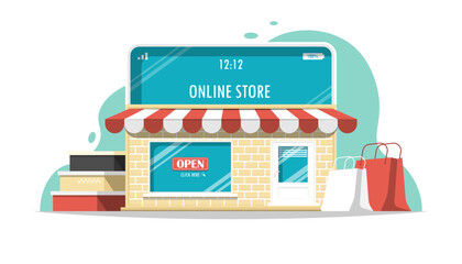 Open online store with products on isolated background, Digital marketing illustration.