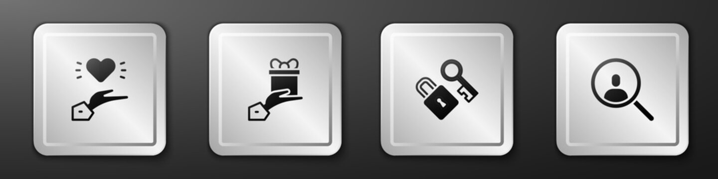 Set Pleasant relationship, Give gift, Lock with key and Magnifying glass for search icon. Silver square button. Vector