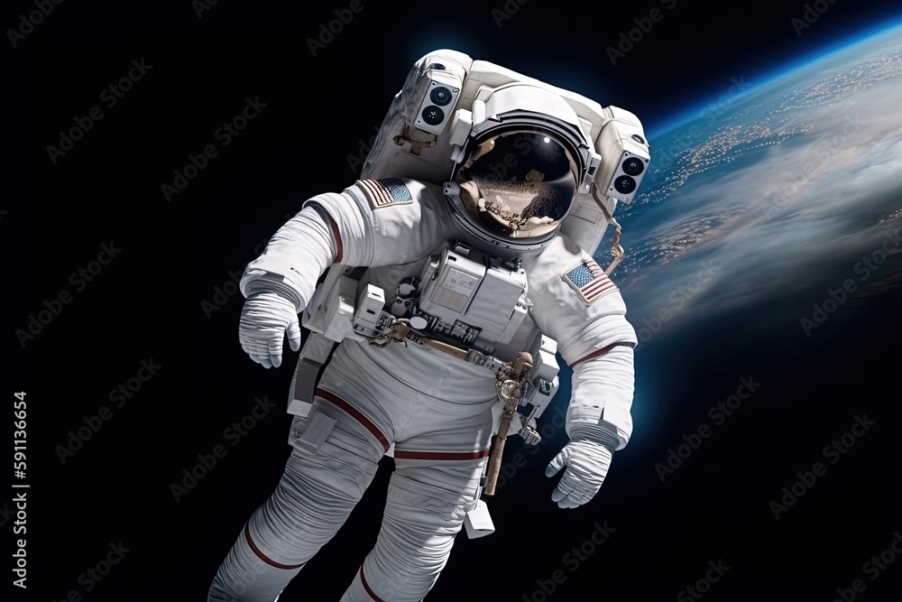 Wall mural astronaut spaceman do spacewalk while working for space station. generative ai