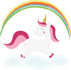 Cute unicorn with gold horn and rainbow. Vector illustration