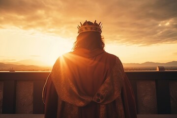 Silhouette of a king in a crown against the backdrop of the sunset. Generative AI - obrazy, fototapety, plakaty