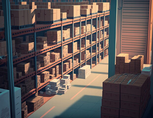 Large warehouse inside, boxes are on the shelves. Generative AI illustration.