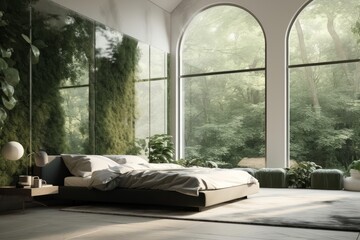 An open space bedroom with windows looking out, in the style of highly detailed foliage. Generative AI.