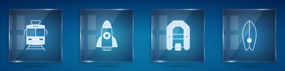 Set Tram and railway, Rocket ship, Rafting boat and Surfboard. Square glass panels. Vector