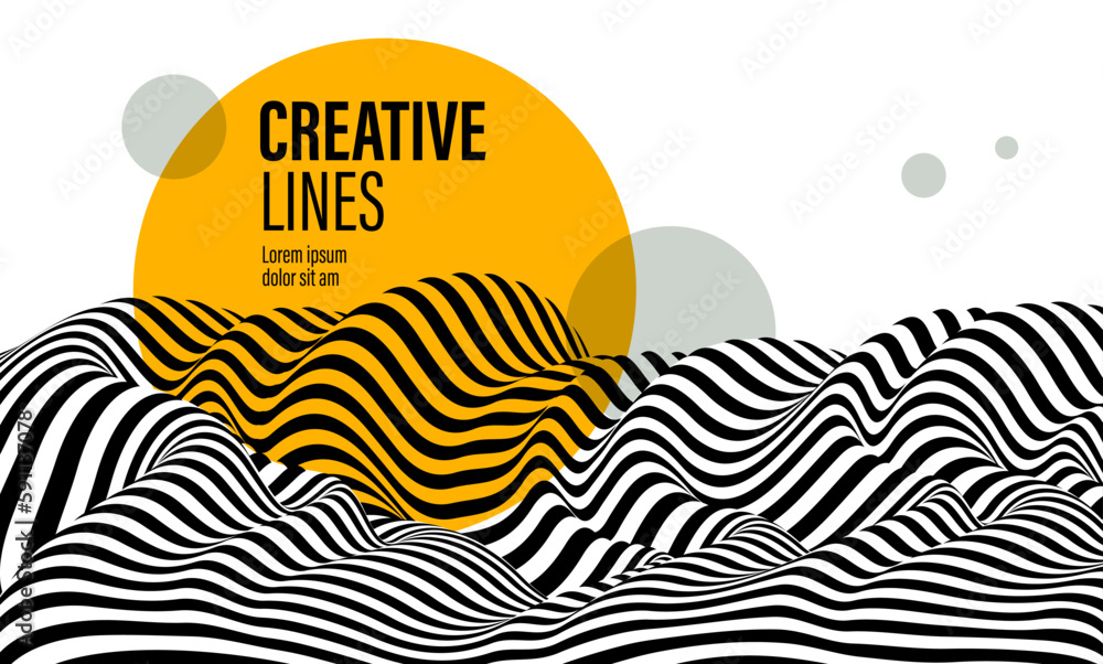 Poster abstract vector 3d lines with yellow circle background, black and white curves linear perspective di