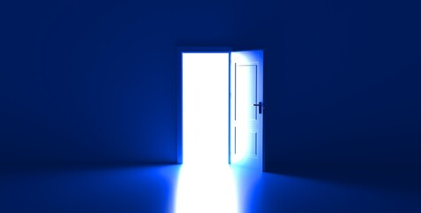 Open the door. Symbol of new career, opportunities, business ventures and initiative. Business concept. 3d render, white light inside open door isolated on blue background. Modern minimal concept.