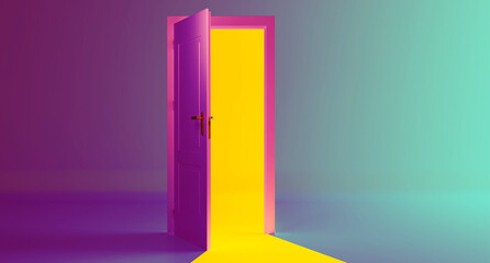 Open the door. Symbol of new career, opportunities, business ventures and initiative. Business concept. 3d render, yellow light inside open door isolated on blue background. Modern minimal concept.