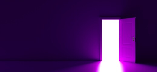 Open the door. Symbol of new career, opportunities, business ventures and initiative. Business concept. 3d render, white light inside open door isolated on purple background. Modern minimal concept.