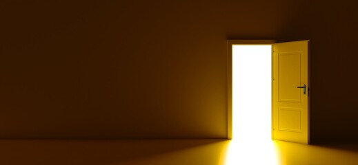 Open the door. Symbol of new career, opportunities, business ventures and initiative. Business concept. 3d render, white light inside open door isolated on yellow background. Modern minimal concept.