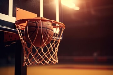 Fototapeta na wymiar Basketball ball and net on basketball court. Sport background. Close up. Generative AI