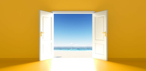 Orange Room with the door open for a sky. Door to heaven. Symbol of new career, opportunities, business ventures and initiative. 
 3D Rendering.