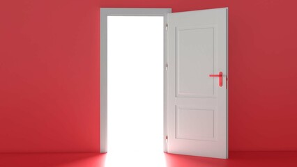 Open the door. Symbol of new career, opportunities, business ventures and initiative. Business concept. 3d render, white light inside open door isolated on pink background. Modern minimal concept.
